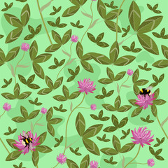 Seamless pattern with clover flowers and leaves and with bumblebees. Vector graphics.