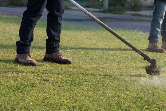 Jardinero cortando el cesped con maquina de jardineria
