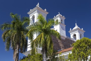 Back View of Iglesia Santa Lucia, a Colonial White Cathedral on Central Plaza in Central American...