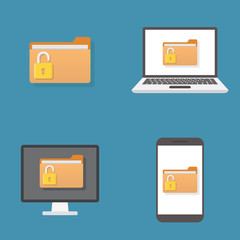 Unlock folder files on a computer, smart phone, laptop with a blue background flat design vector illustration