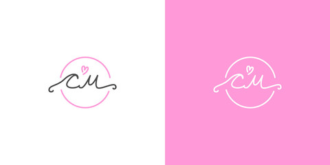 Wedding C M monogram with a hand-drawn pink heart