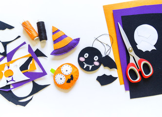 Craft bat black felt workshop.Decor for the holiday halloween.