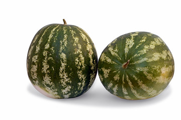 Two whole watermelons on a white background