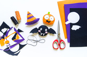 Craft bat black felt workshop.Decor for the holiday halloween.