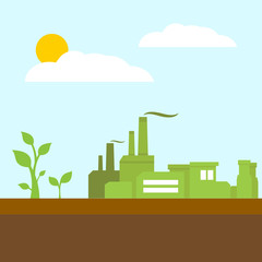 Green environment concept, plant and factory, flat design vector illustration