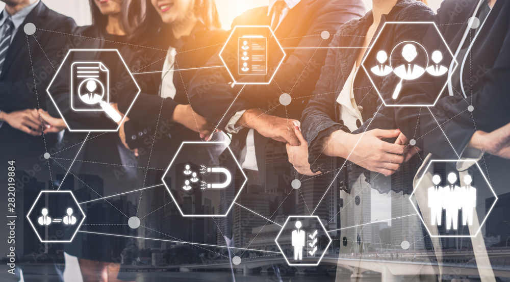 Poster human resources recruitment and people networking concept. modern graphic interface showing professi