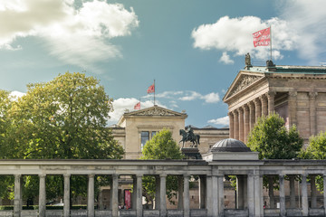 Overview of the Museum Island, the Neues museum and the Alte National Galerie with the Equestrian Statue of Frederick William IV in the center