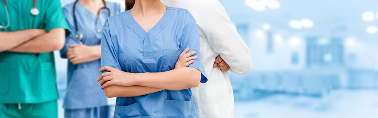 Healthcare people group. Professional doctor working in hospital office or clinic with other...