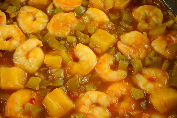 Close up background of sweet and spicy shrimp cooking in pan