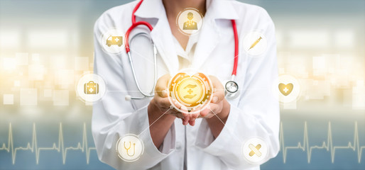Medical Healthcare Concept - Doctor in hospital with digital medical icons graphic banner showing...