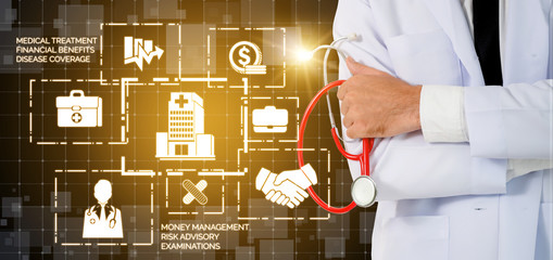 Health Insurance Concept - Doctor in hospital with health insurance related icon graphic interface...