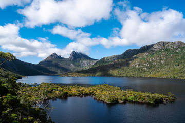 Beautiful scene of Cradle mountain peak from Dove lake in Cradle Mountain National Park, Tasmania, Australia.