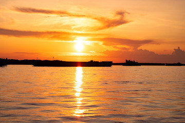 Sunset on the Amur river embankment in Khabarovsk, Russia.