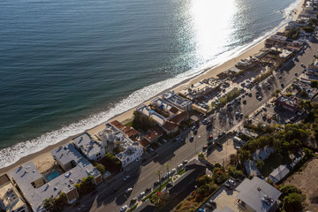 Aerial view of Pacific Coast Highway north of Los Angeles and Santa Monica in scenic Malibu,...