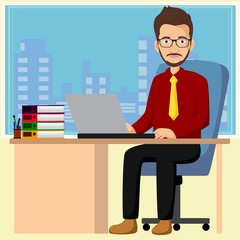 Handsome manager working with laptop in office vector illustration 