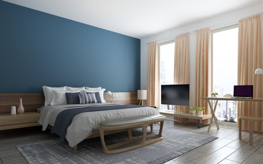 The modern loft bedroom and blue texture wall background