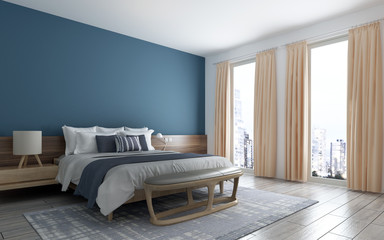 The modern bedroom and blue wall texture background