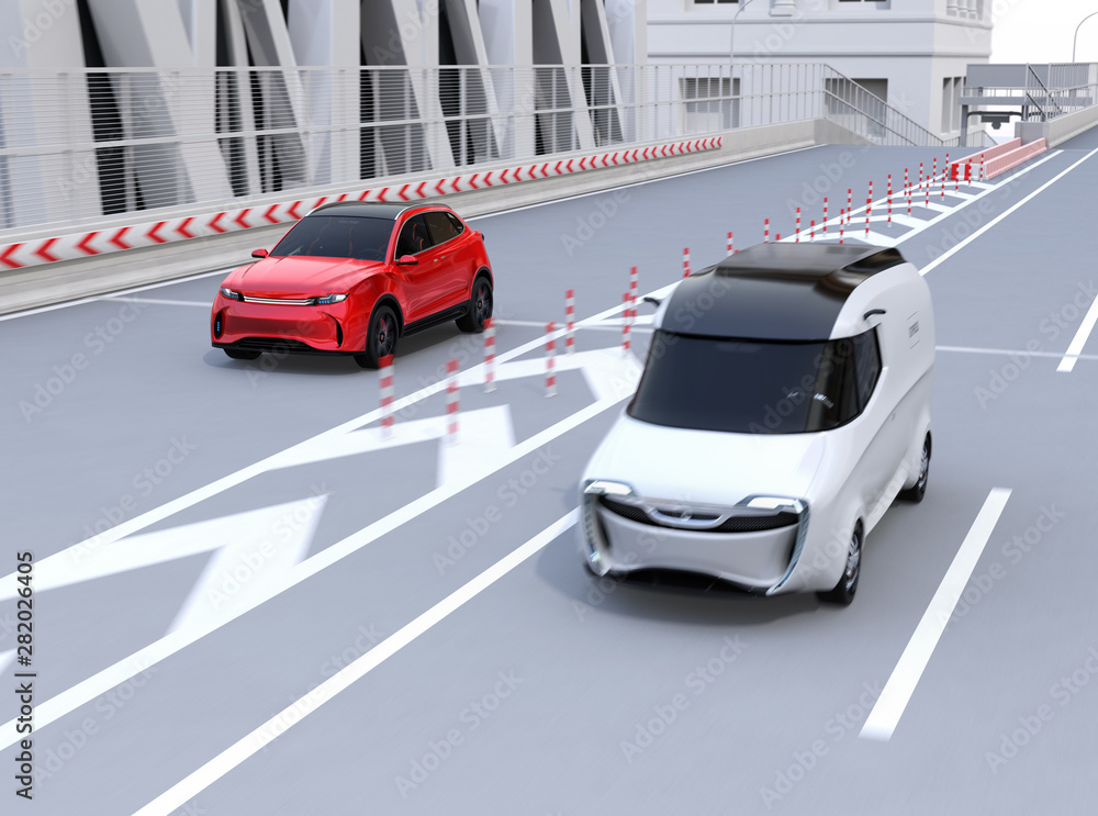 Poster red suv entered highway toll gate and driving into main lane. 3d rendering image.