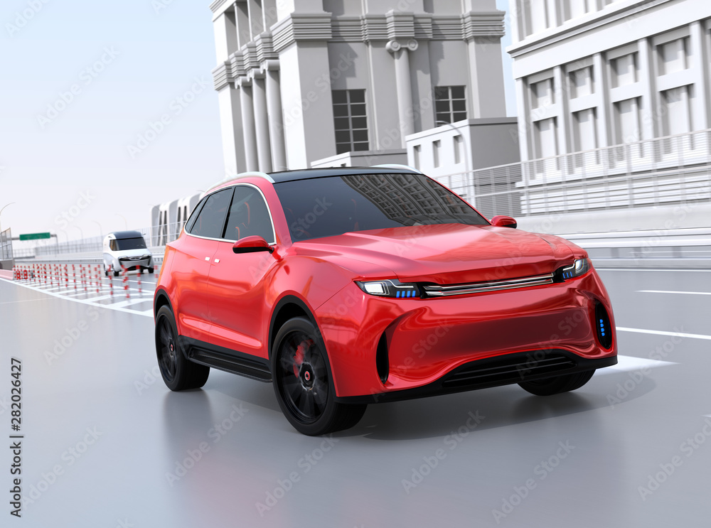 Poster red suv driving into highway main lane. 3d rendering image.