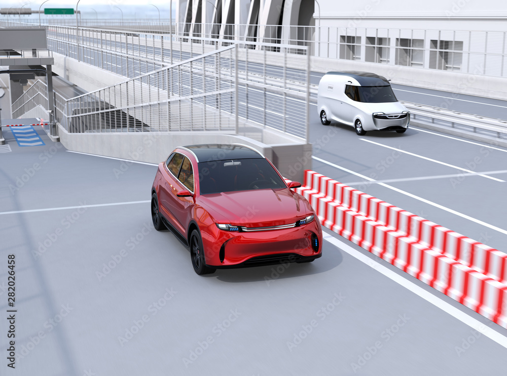 Aufkleber red suv entered highway toll gate and driving into main lane. 3d rendering image.