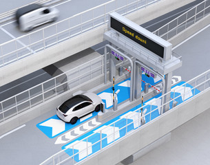 White SUV passing through toll gate without stop by ETC (Electronic Toll Collection System). 3D rendering image.