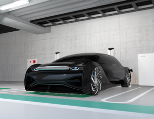 Black electric car charging in charging station locate in underground  parking lot. 3D rendering image.