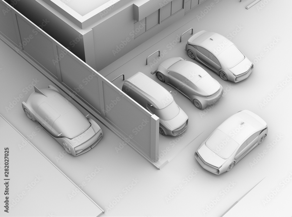 Poster clay rendering of a sedan detected a car leaving parking lot to avoid an car accident. connected car