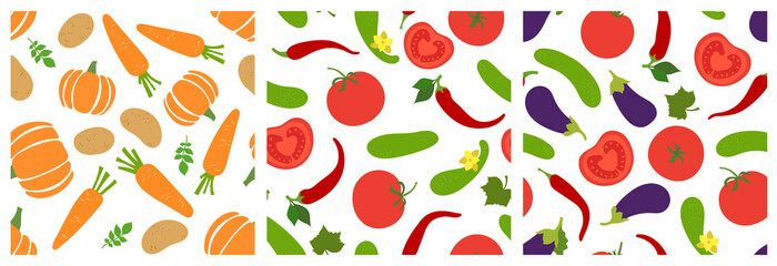 Vegetables seamless pattern set. Pumpkin, carrot, potato, tomato, pepper, cucumber, eggplant. Fashion design. Food print for clothes or curtain. Hand drawn vector sketch background collection