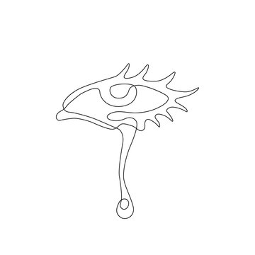 Eye With A Tear Continuous Line Drawing, Tattoo, Print For Clothes And Logo Design, Silhouette Single Line On A White Background, Isolated Vector Illustration.