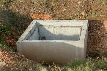 Concrete construction tube pipe. Building a road sewer drain system. Sewer construction. Build a...