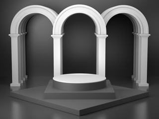 Product display stand with black color 3d rendering image,There are black cylinder stand with black line pattern background and light from above