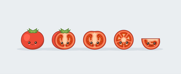 Set tomato. Cute kawaii smiling food. Vector