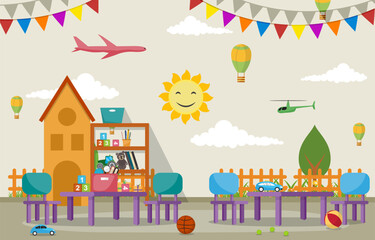 Kindergarten Classroom Interior Children Kids School Toys Furniture Vector Illustration