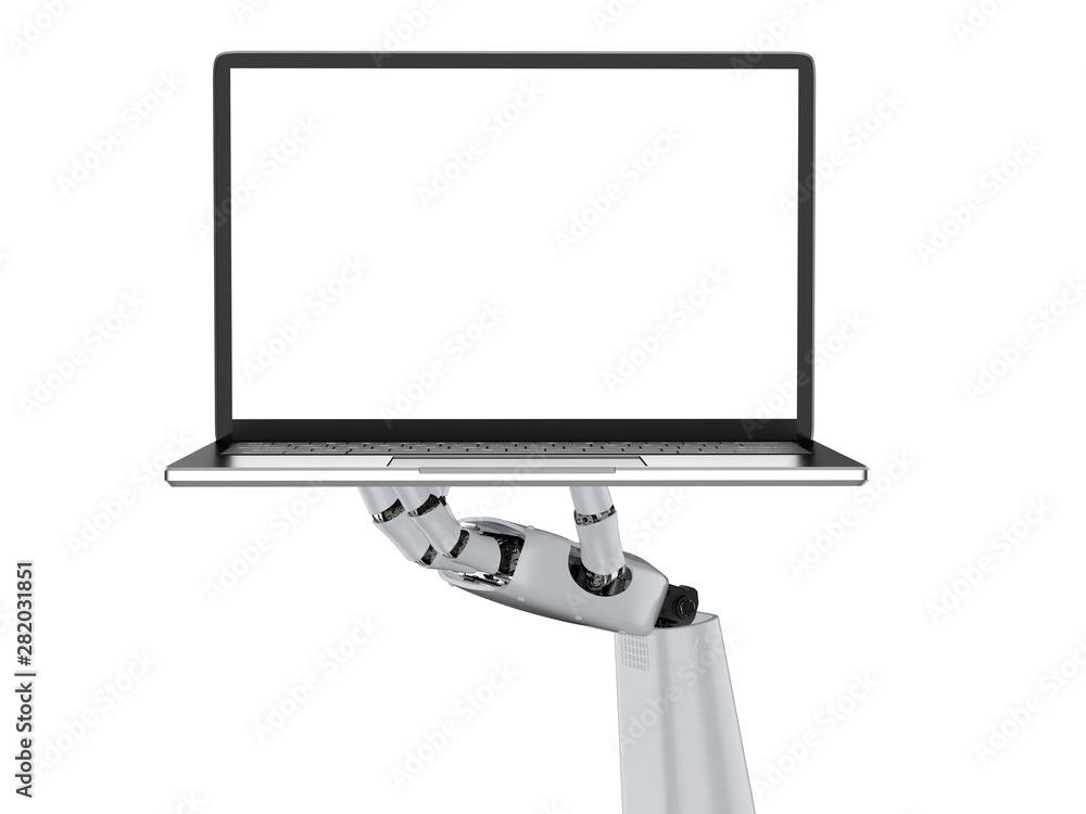 Poster robot with blank screen notebook