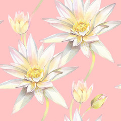 Floral seamless pattern with flowers Lotus. Hand painted watercolor illustration.