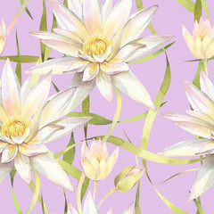 Floral seamless pattern with flowers Lotus and herb. Hand painted watercolor illustration.