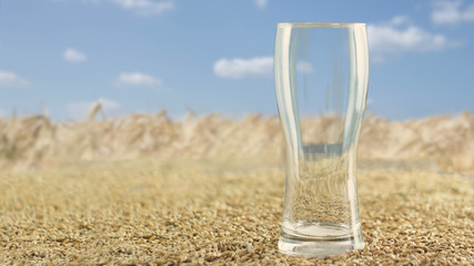 An empty beer glass stands to the right against a blue sky surrounded by malt