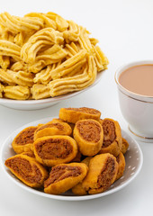 Indian Traditional Spicy Snack Ghatiya With Bhakarwadi Also Know as Ganthiya, Papdi, Gathiya, Bakarwadi, Bakarvadi, Bakar Vadi or Bakar Wadi Are Deep Fried Snack Made From Chickpea Flour