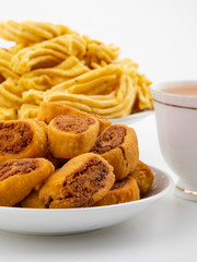 Indian Traditional Spicy Snack Ghatiya With Bhakarwadi Also Know as Ganthiya, Papdi, Gathiya, Bakarwadi, Bakarvadi, Bakar Vadi or Bakar Wadi Are Deep Fried Snack Made From Chickpea Flour