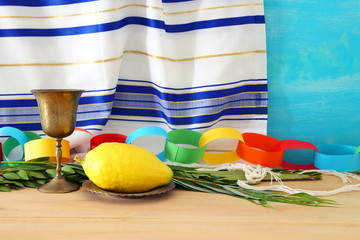 Jewish festival of Sukkot. Traditional symbols (The four species): Etrog, lulav, hadas, arava