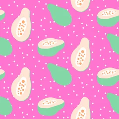 Poster Papaya seamless pattern. Vector pink fruit cartoon style dotted background. © Tapkimonkey