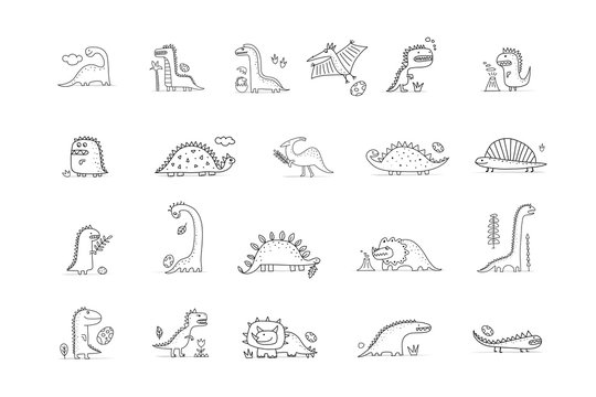 Funny dinosaurs collection, childish style. Coloring page for your design