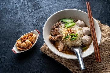 Thai style noodles on dark table background , Thai food concept