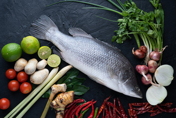 Thai food ingredients.Tom Yum , top view ,Popular Thai food,Food with herbs as a flavoring,With a spicy flavor ,Food that you must try