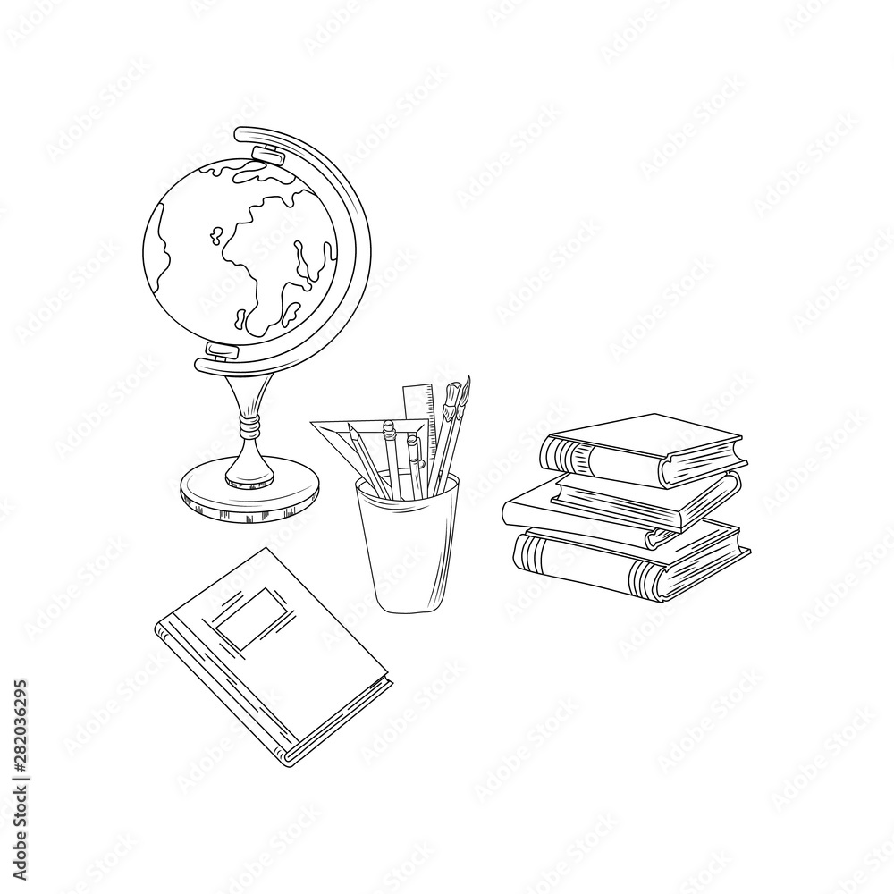 Wall mural theme illustration back to school. the picture is made in black and white. school supplies: notebook