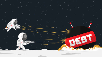 Flat design, Astronauts attack spaceship of debt in financial concept,Vector illustration, Infographic Element