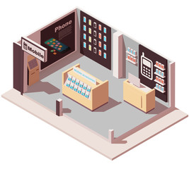 Vector isometric mobile phone store. Wireless provider or carrier sales point icon