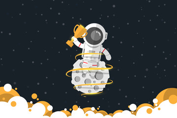 Flat design, Astronaut holds a gold trophy while sitting on the moon with gold color smoke, Vector illustration, Infographic Element
