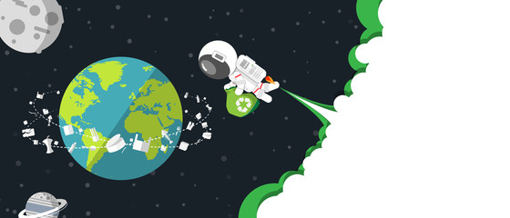 Flat design, Astronaut holds recycle bag go into cleaning Earth among of garbage in Environmental conservation Concept, Vector illustration, Infographic Element