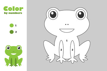 Green frog in cartoon style, color by number, education paper game for the development of children, coloring page, kids preschool activity, printable worksheet, vector illustration